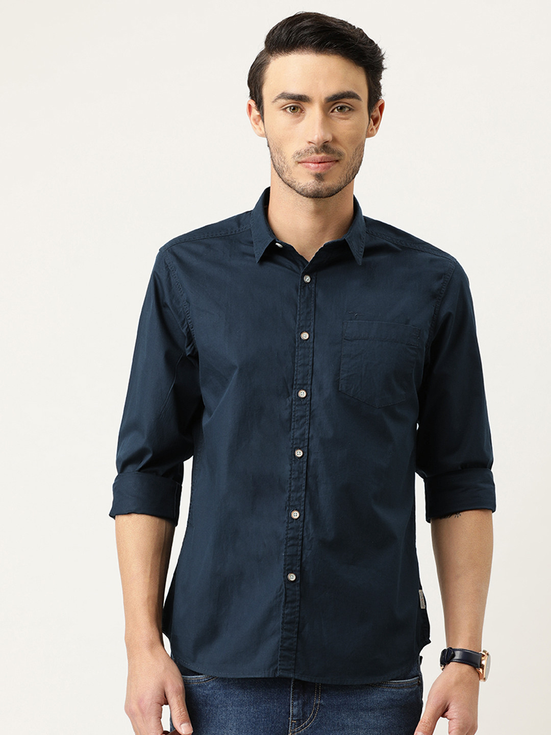 Buy Flying Machine Men Navy Blue Slim Fit Solid Casual Shirt - Shirts ...