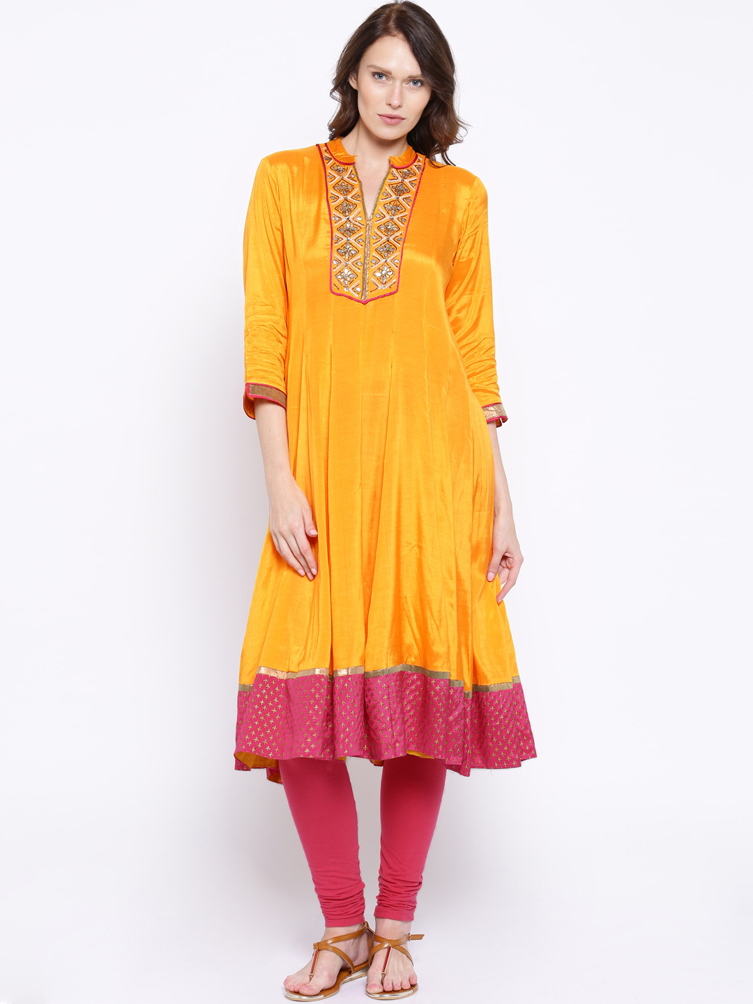 Buy BIBA Yellow Embellished Printed Detail Anarkali Kurta Kurtas for