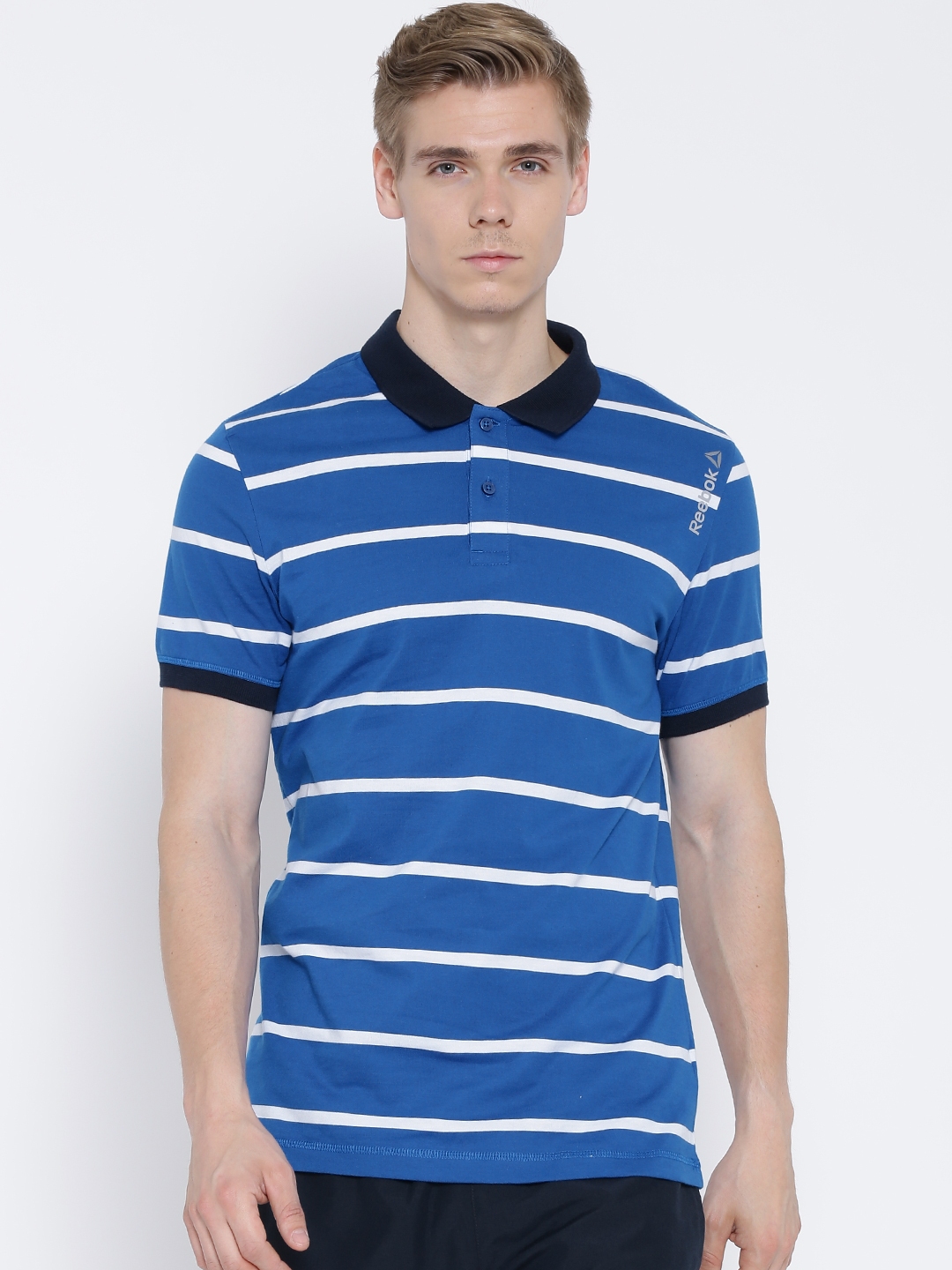 Buy Reebok Blue White Striped Training Polo Pure Cotton T Shirt ...