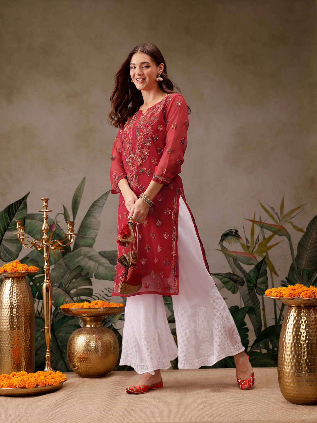 Red And Gold Chikankari Embroidered Kurta Set