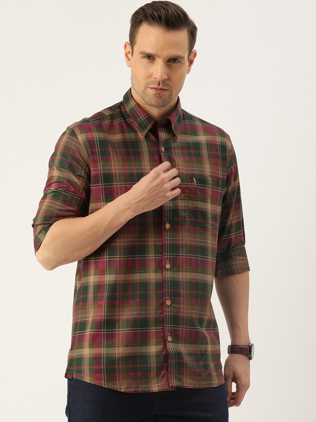 Buy Burnt Umber Men Beige & Olive Green Slim Fit Checked Casual Shirt - Shirts for Men 13288334 