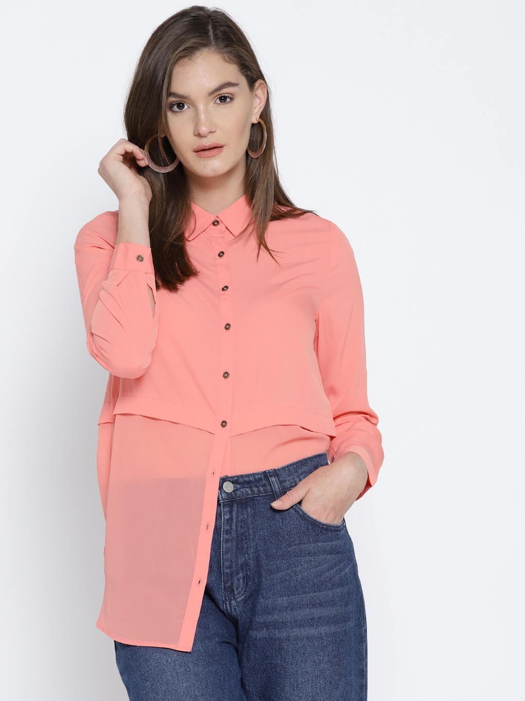 Buy Vero Moda Coral Pink Panelled Polyester Shirt - Shirts for Women ...
