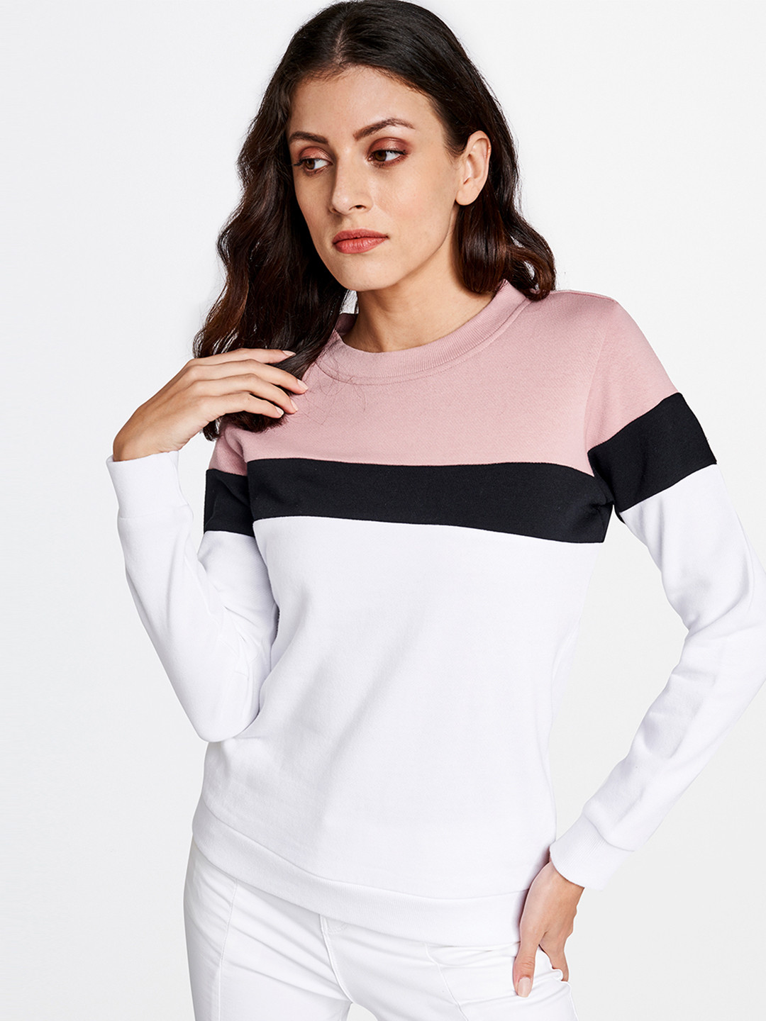 Buy AND Women White & Pink Colourblocked Pullover Sweater Sweaters
