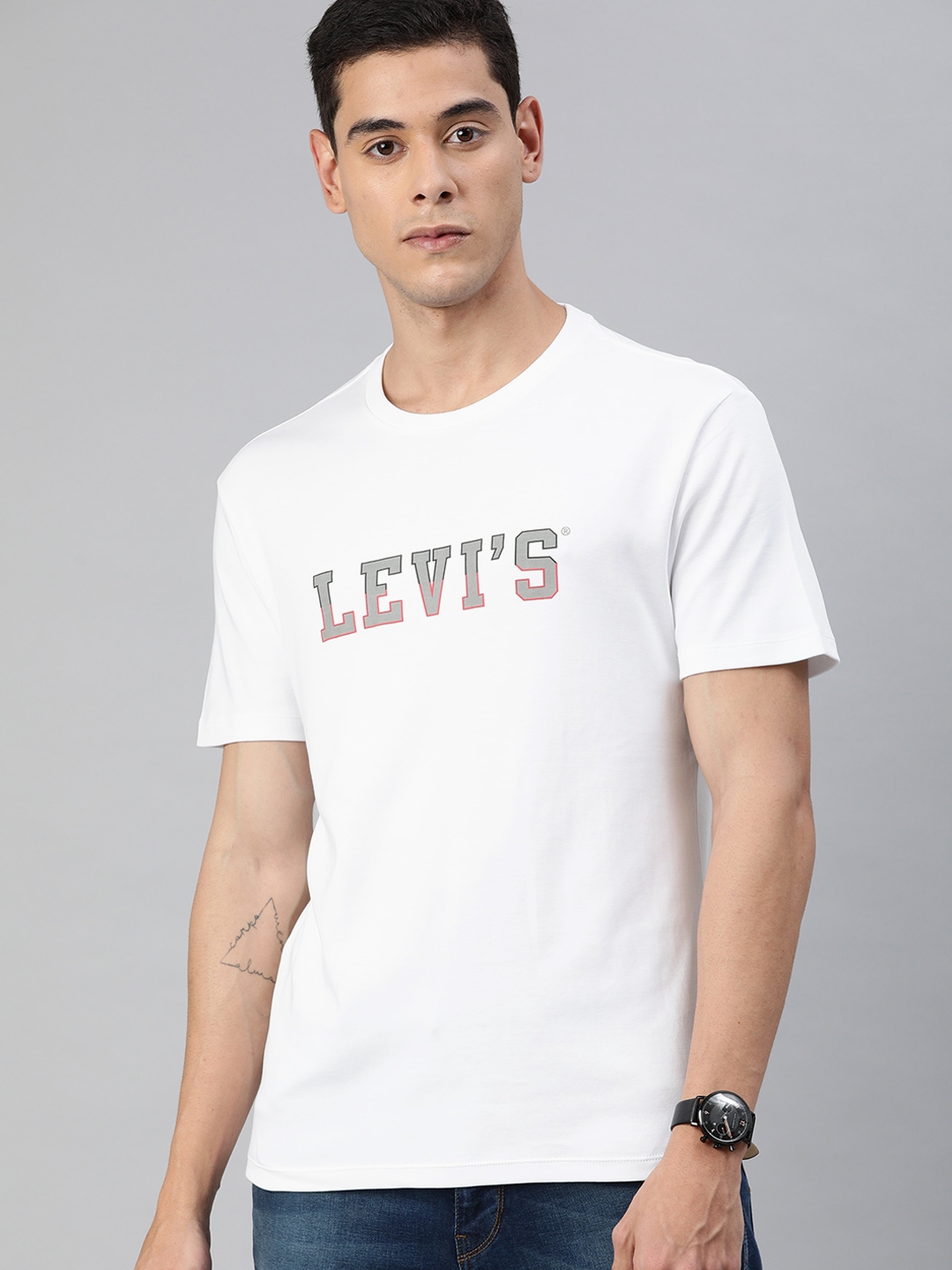 Buy Levis Men White Slim Fit Reflective Logo Printed Round Neck Pure ...