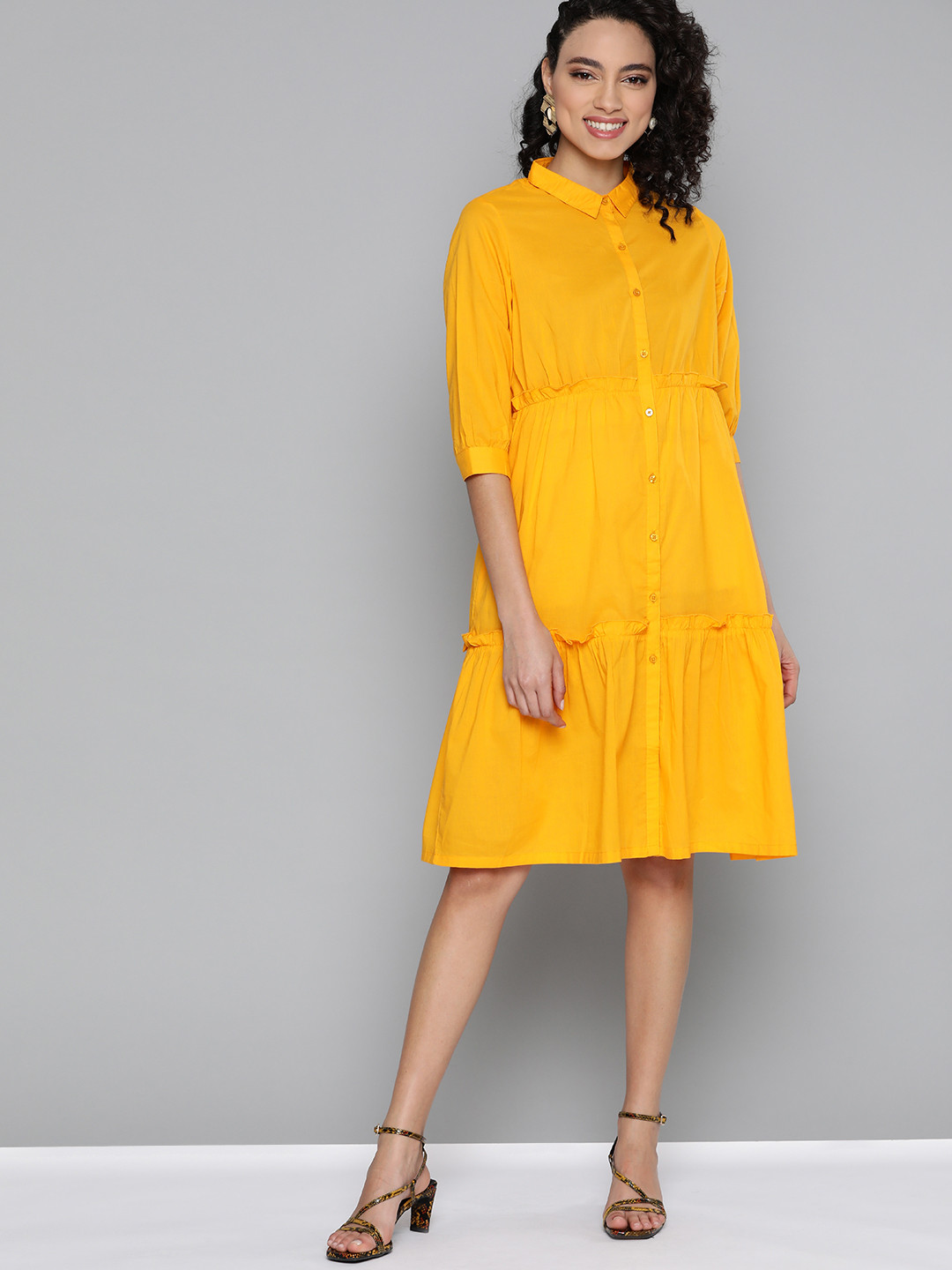 Buy HERE&NOW Women Mustard Yellow Pure Cotton Solid Tiered Shirt Dress Dresses for Women