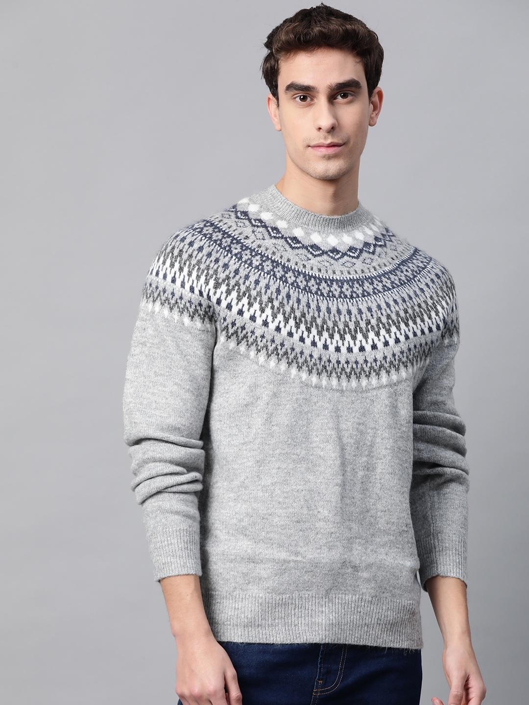 Buy Marks & Spencer Men Grey Melange Fair Isle Pullover - Sweaters for ...