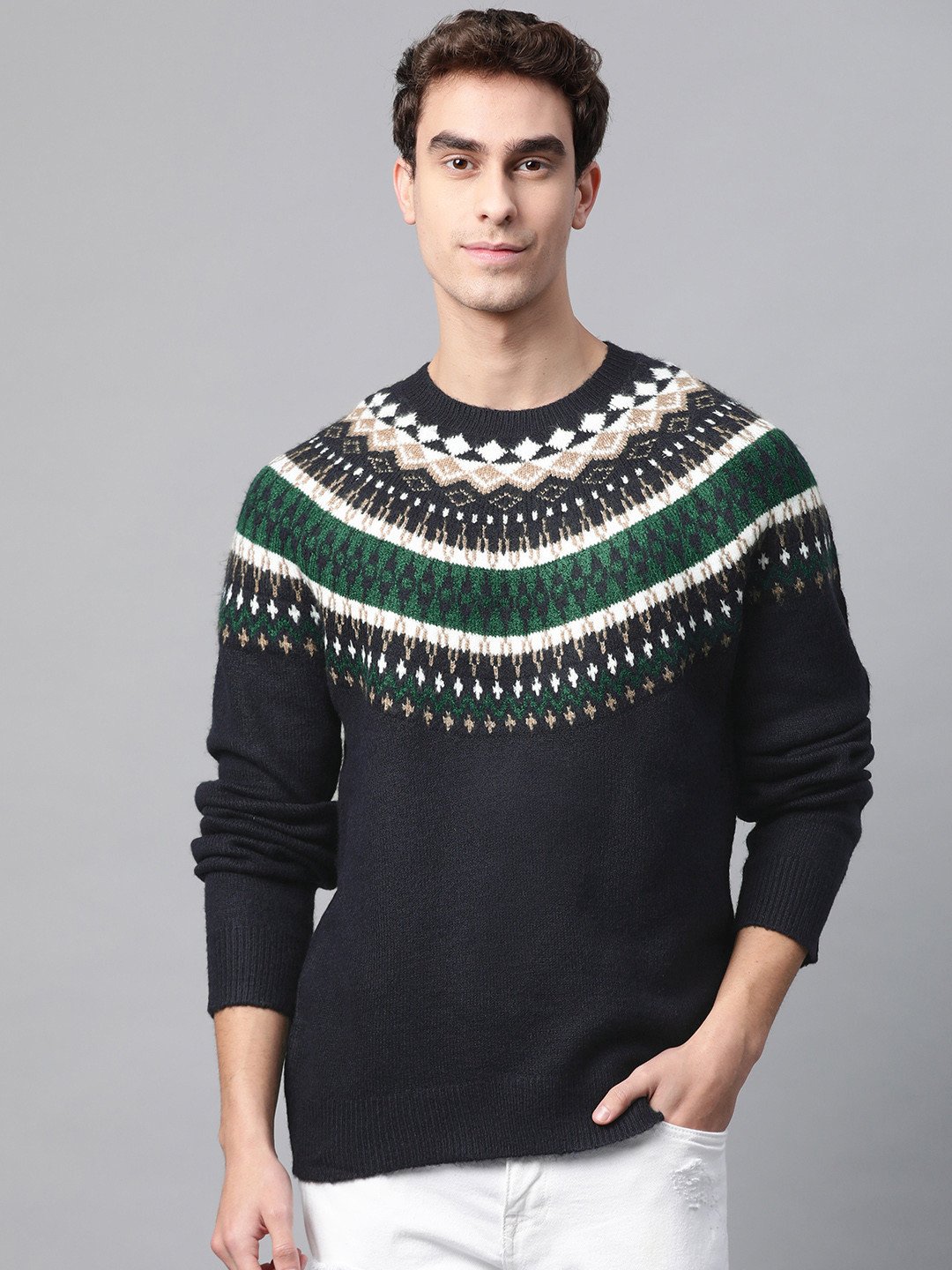 Buy Marks & Spencer Men Navy Blue Fair Isle Pullover Sweaters for Men