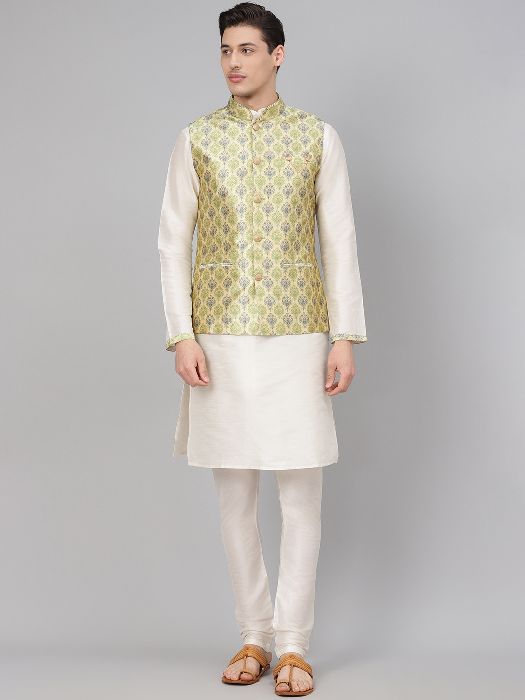 Men's Solid Nehru Jacket with White Kurta & Churidar