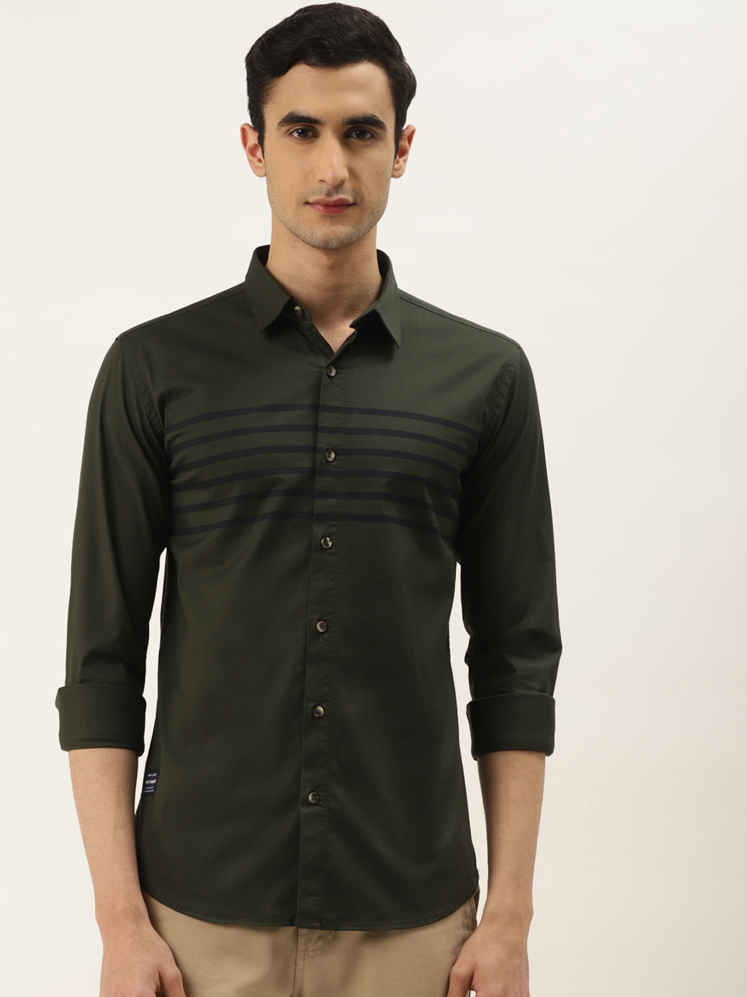 Buy RED & BLUE Men Olive Green & Navy Blue Regular Fit Striped Pure ...