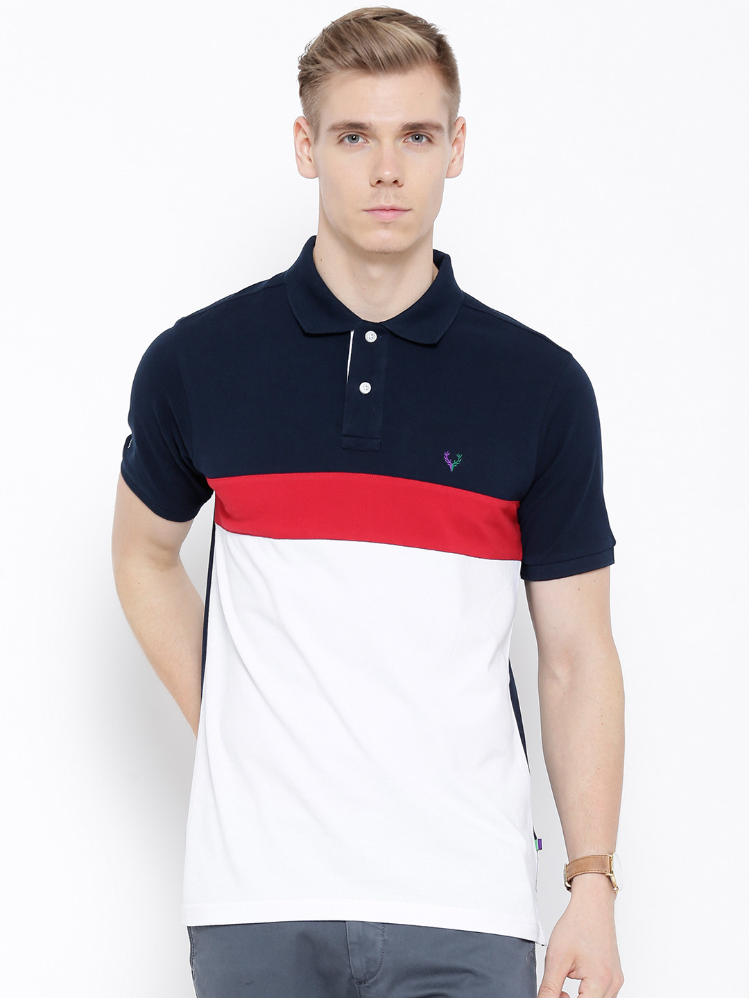 Buy Allen Solly Navy White Colourblocked Polo Pure Cotton T Shirt