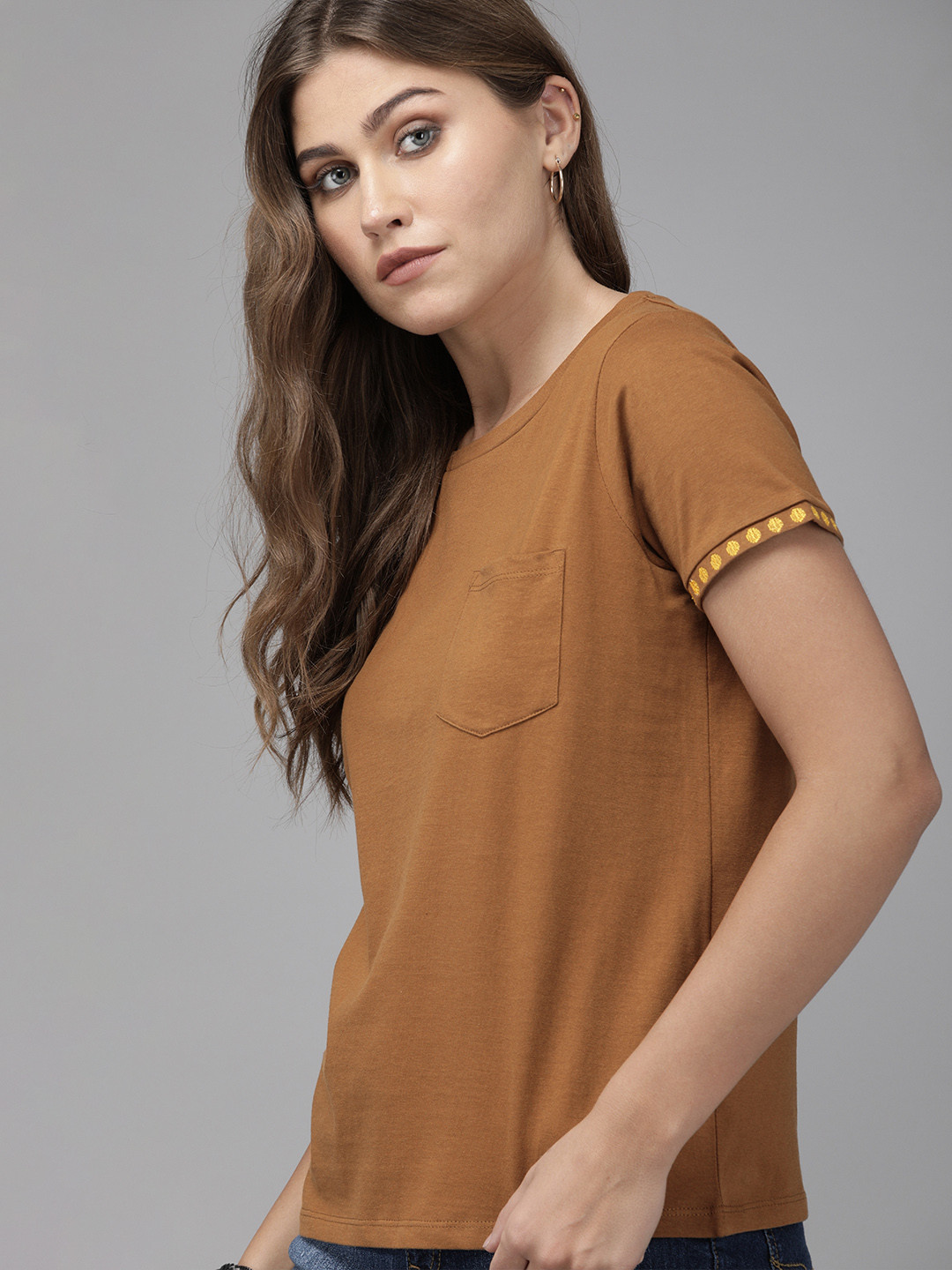 Buy The Roadster Lifestyle Co Women Camel Brown Solid Round Neck Pure Cotton T Shirt Tshirts