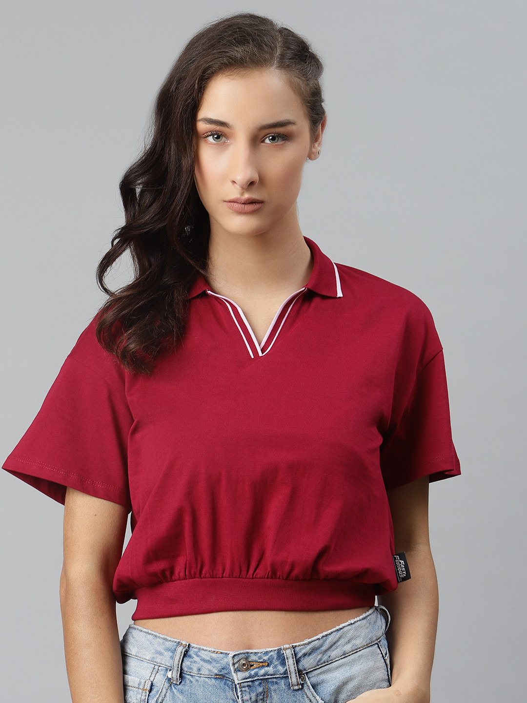 Women's Maroon Smocked Crepe Blouson Top