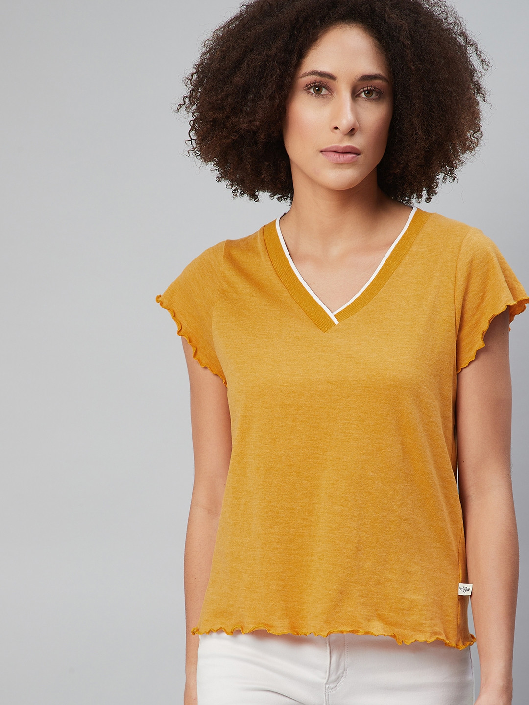 Buy The Roadster Lifestyle Co Mustard Yellow Regular V Neck Top Tops