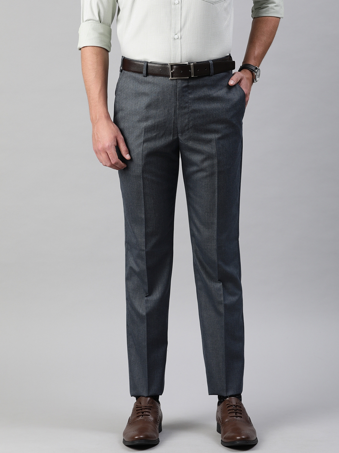 Buy Park Avenue Men Grey Regular Fit Self Design Regular Trousers ...