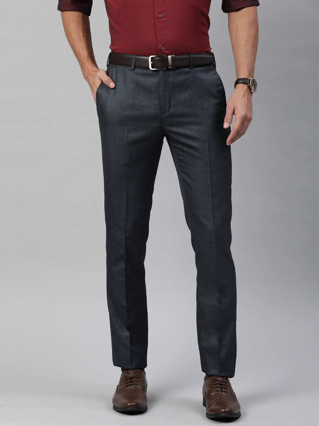 Buy Raymond Men Navy Blue Slim Fit Solid Formal Trousers - Trousers for ...