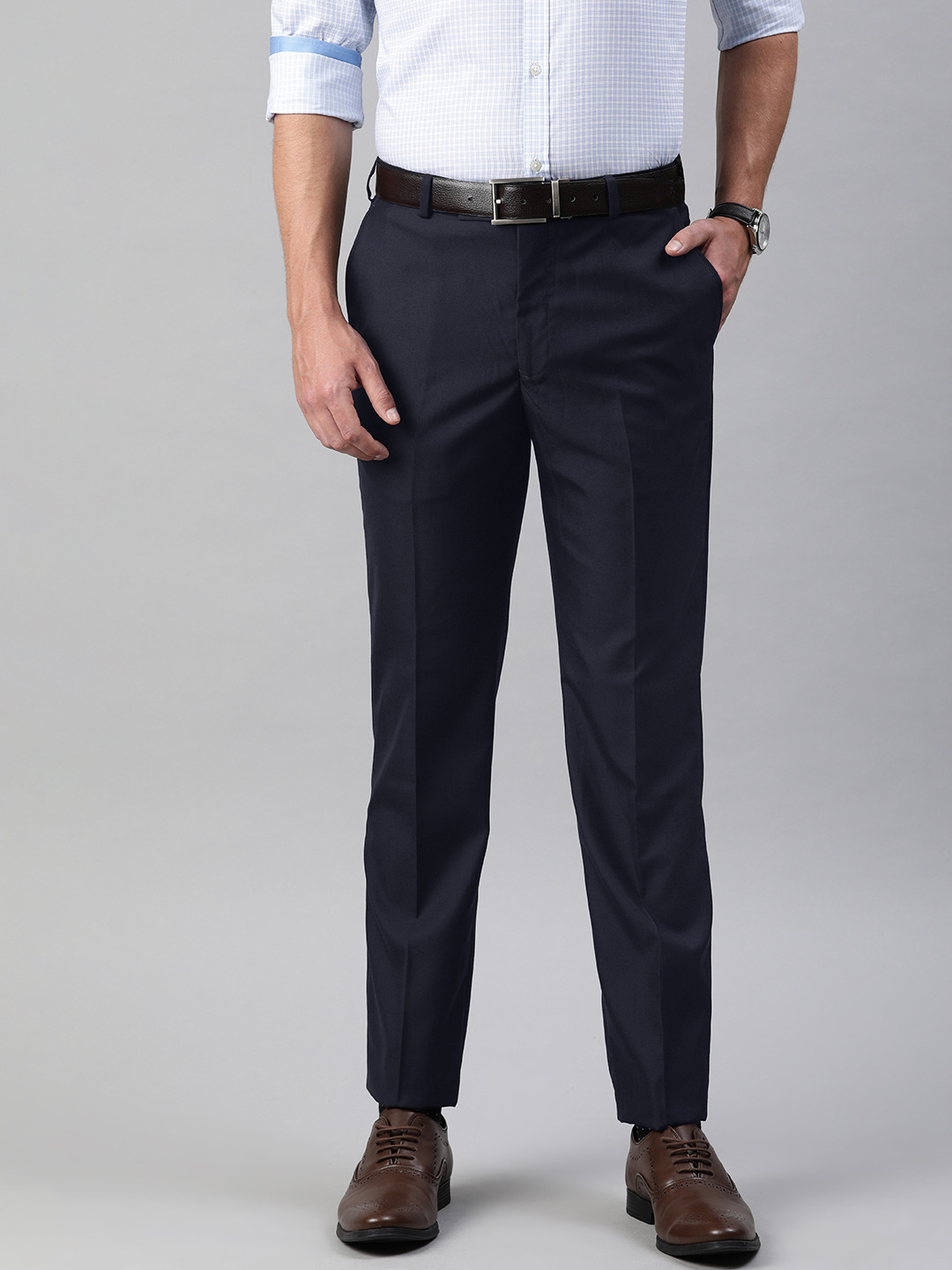Buy Park Avenue Men Navy Blue Solid Regular Fit Formal Trousers ...