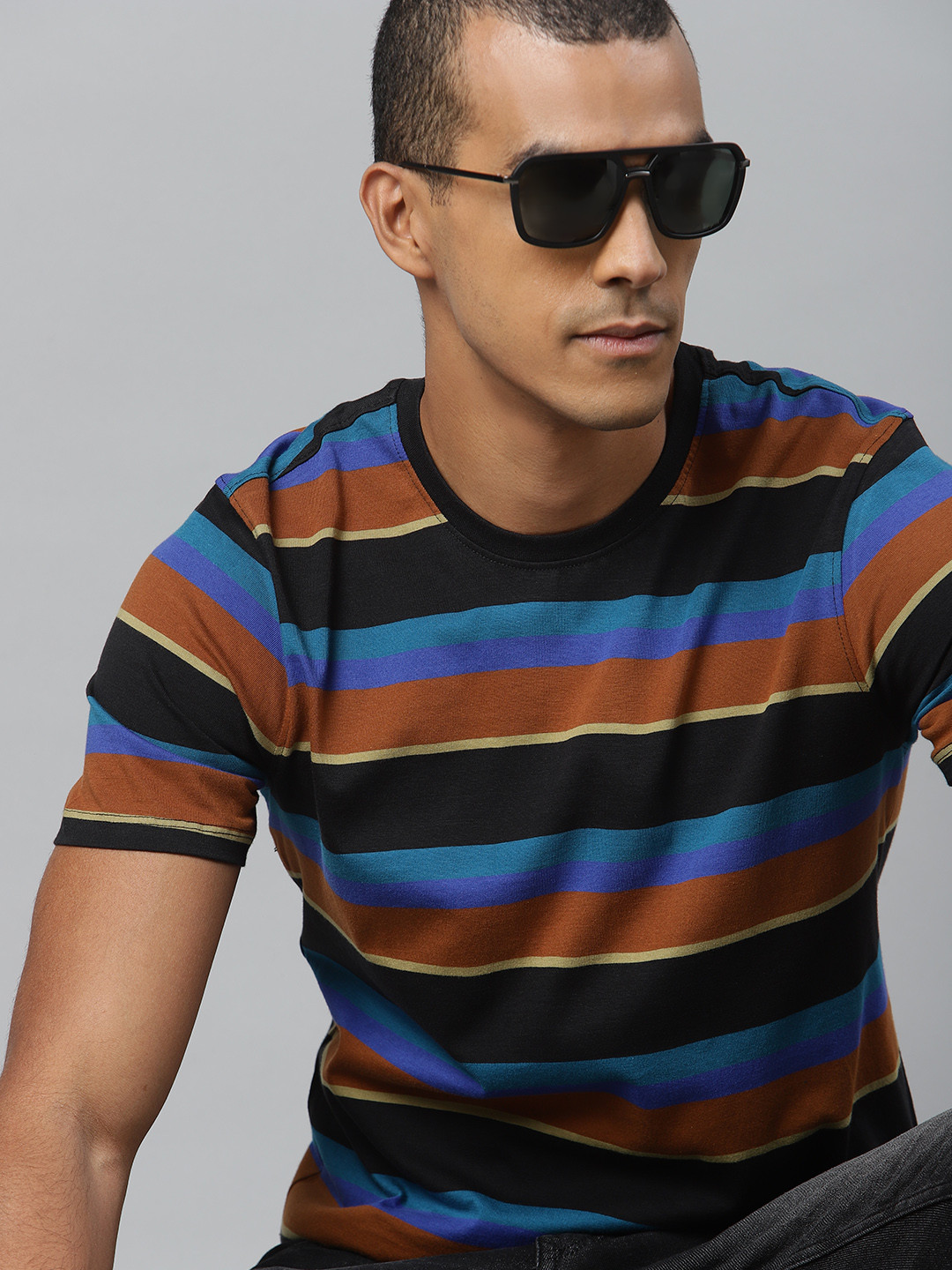 Men's Brown Striped Round Neck Cotton T-Shirt