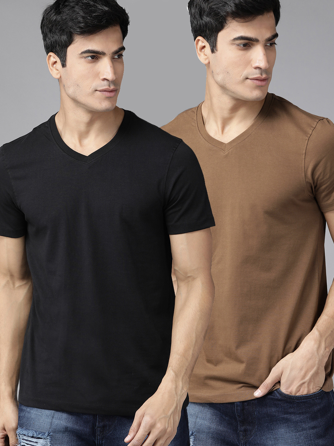 Buy The Roadster Lifestyle Co Men Pack Of 2 Black Olive Brown Solid V Neck Cotton Pure Cotton T