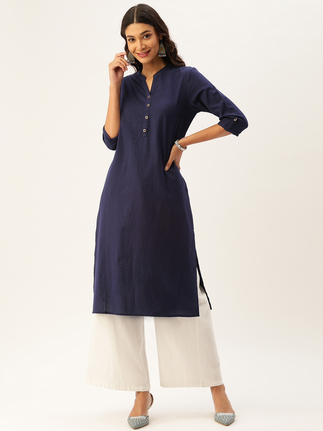 Buy AMUKTI Women Navy Blue Solid Roll Up Sleeves Straight Kurta