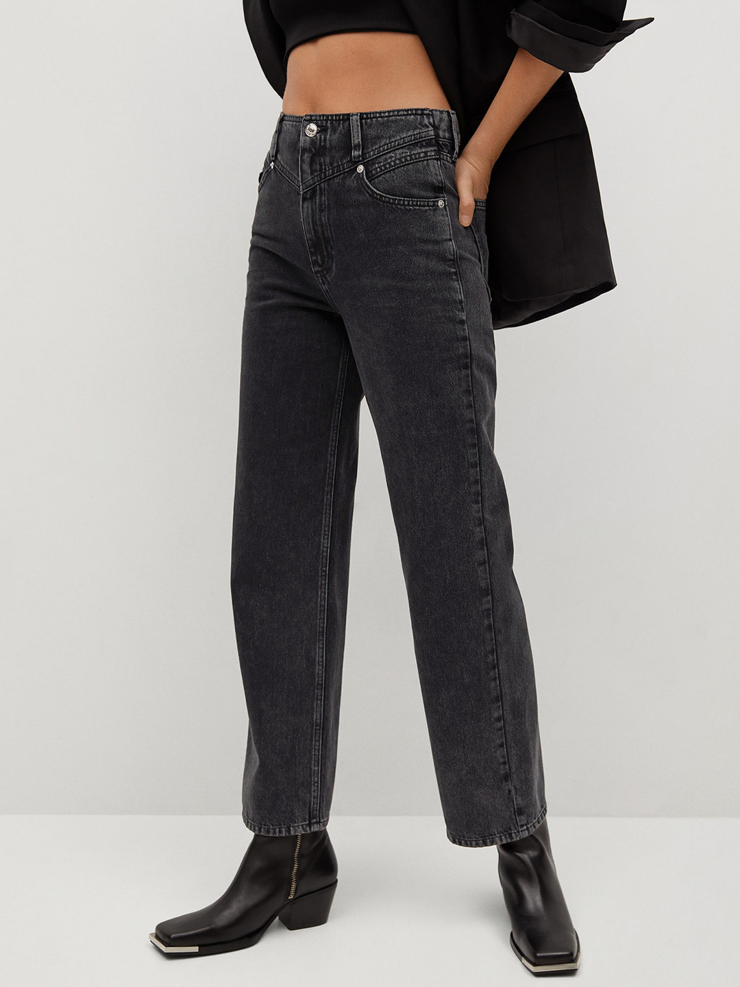 Buy MANGO Women Charcoal Grey Sustainable Cotton Wide Leg High Rise