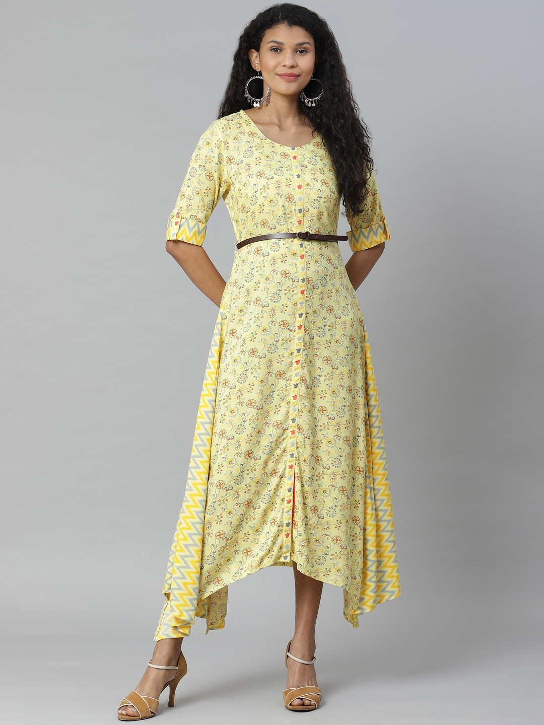 Buy Rangriti Yellow & Blue Suzani Ikat Print Liva Asymmetric Maxi Dress With Belt - Dresses for 