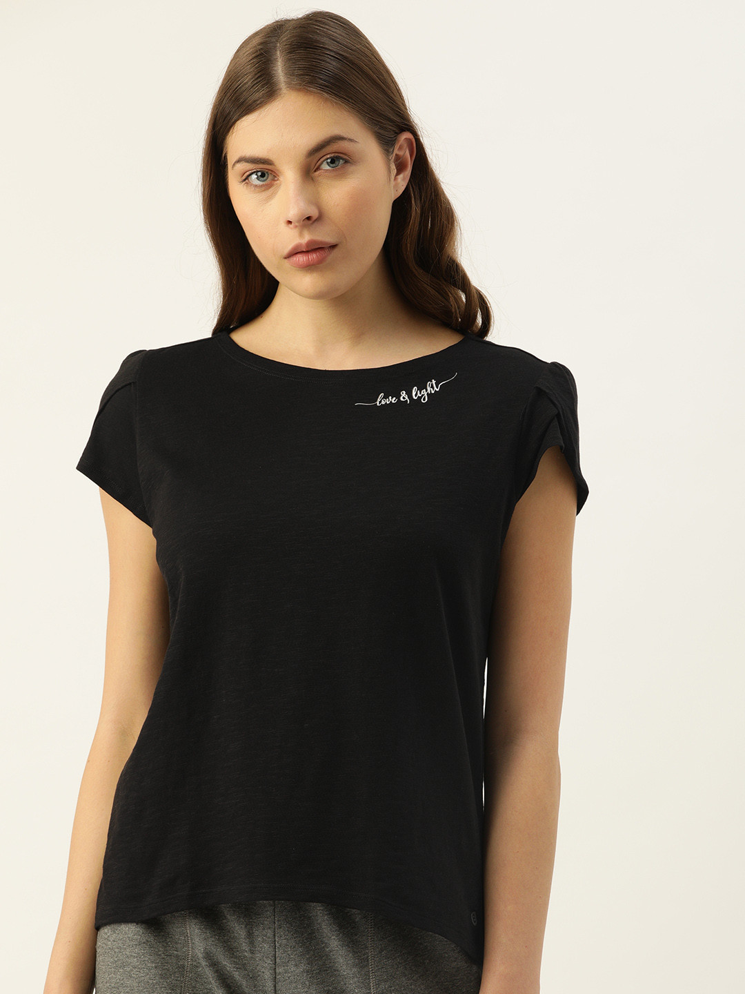 Enamor long T-shirts with v neckline online-Wearitin.com-Black