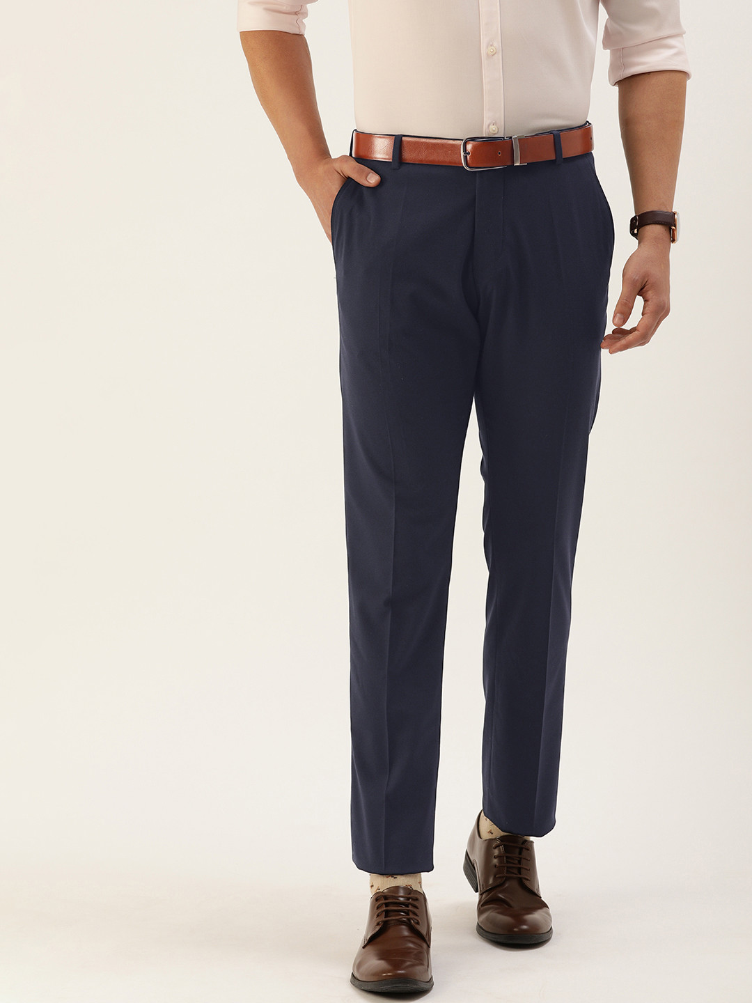 Buy SELECTED Men Navy Blue Slim Fit Solid Formal Trousers - Trousers ...