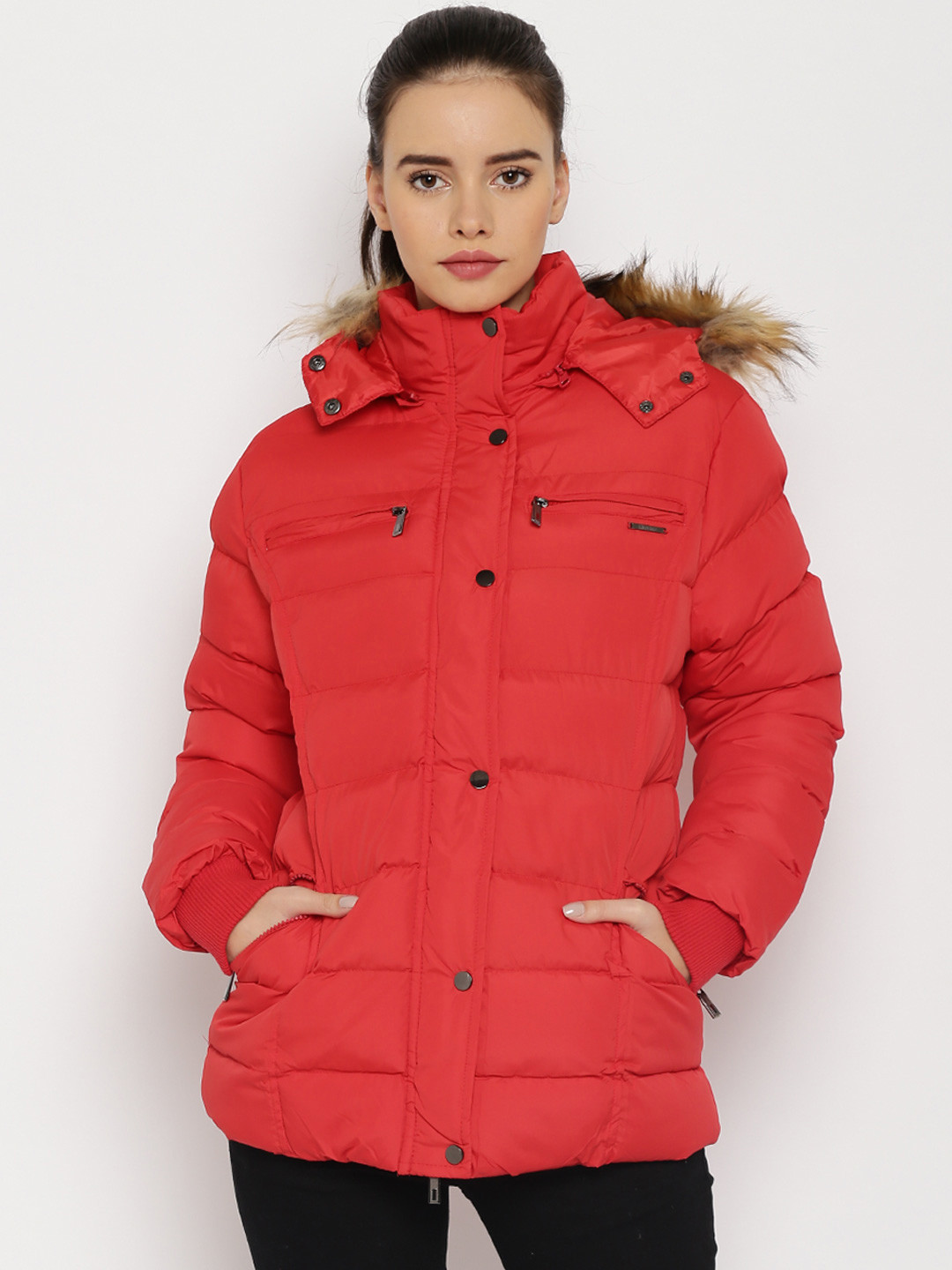 Buy HARVARD Red Quilted Jacket With Detachable Hood Jackets for Women