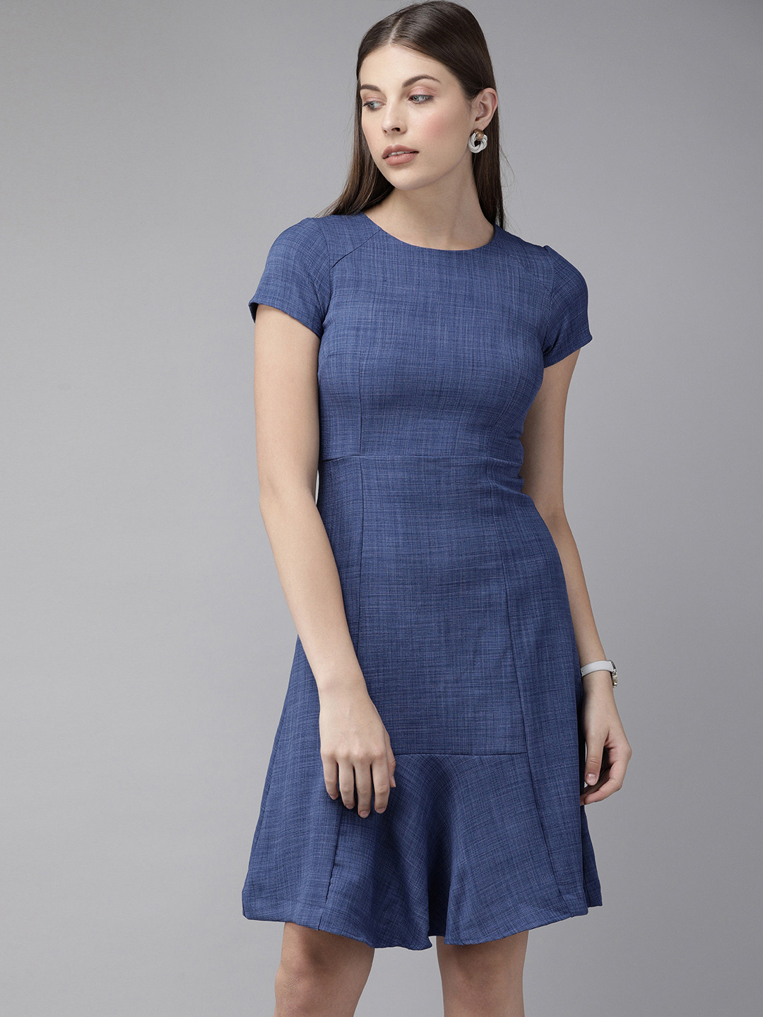 Buy Park Avenue Women Blue Solid Fit And Flare Dress Dresses for