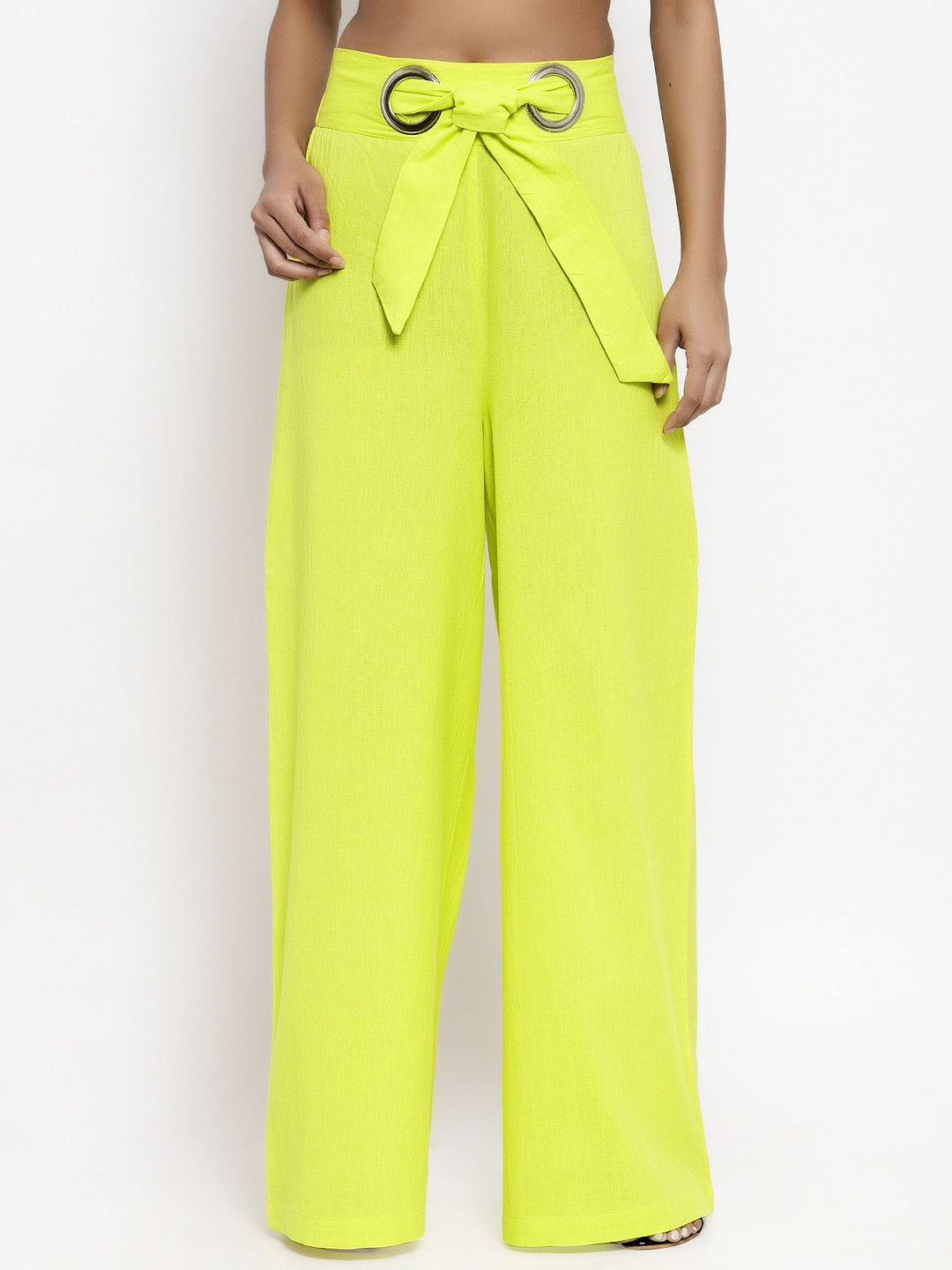Green Yellow Cotton Flax Women Trousers