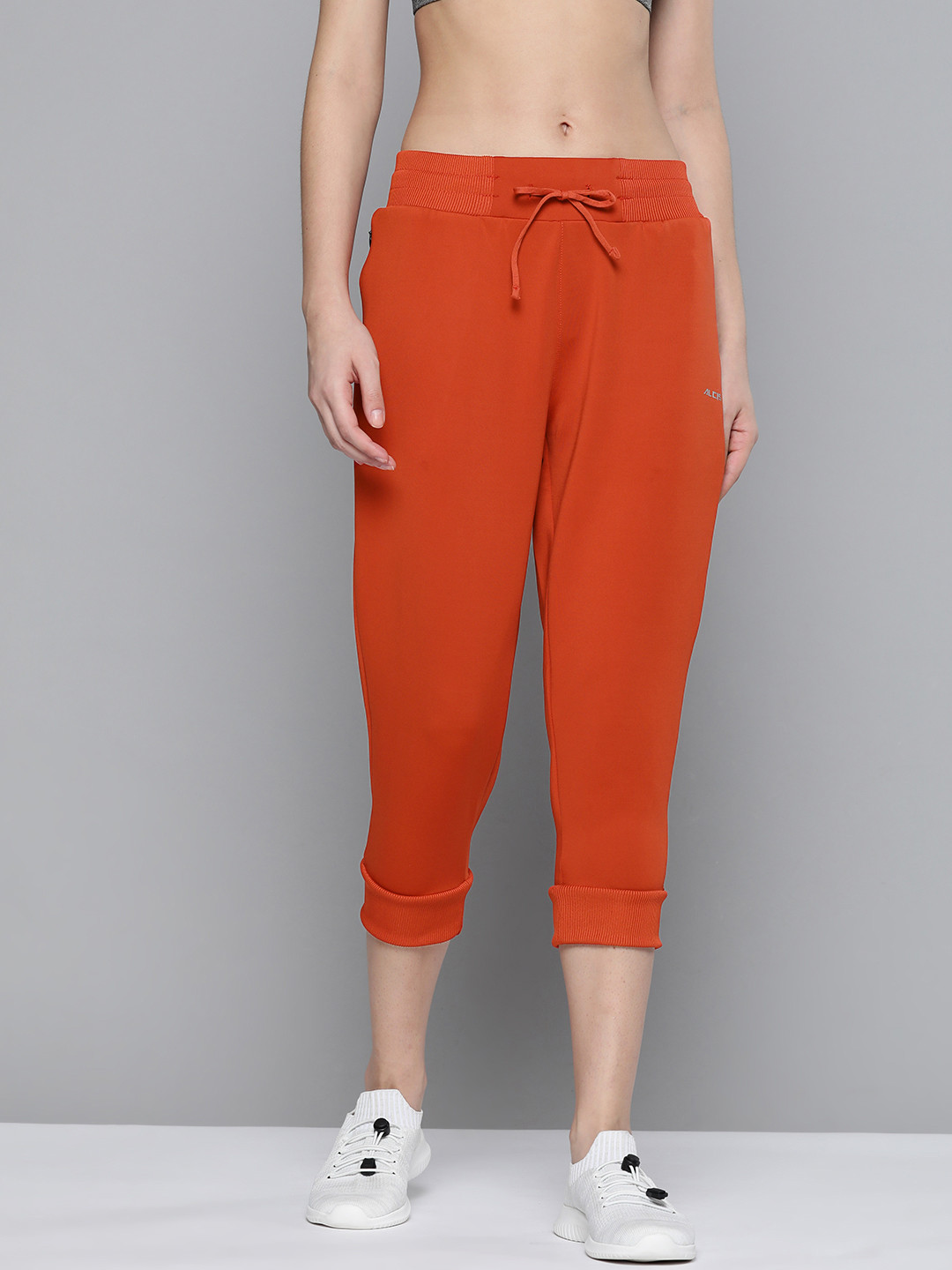 Buy Alcis Women Rust Red Solid Knitted Cropped Joggers Track Pants