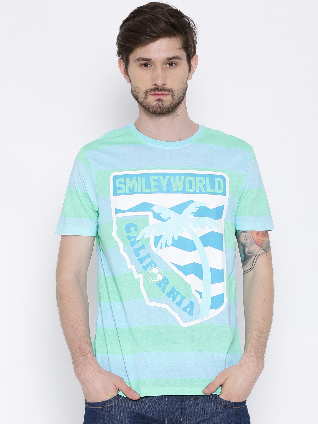 Buy SmileyWorld Blue Green Striped Printed Pure Cotton T Shirt ...