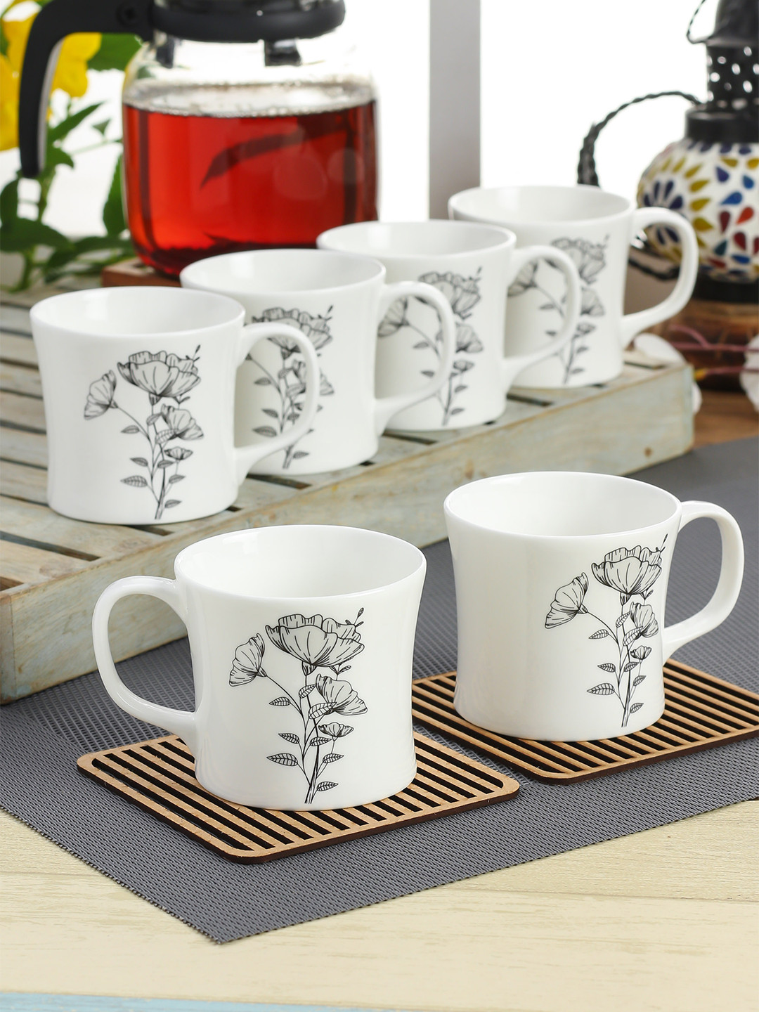 Buy CLAY CRAFT White Printed Ceramic Cups Set Of 6 Cups And Mugs for