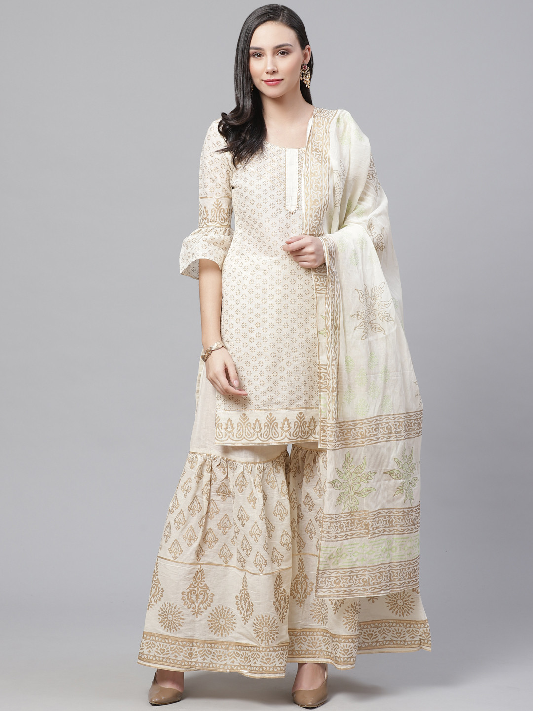 Buy Chhabra 555 Women Cream Coloured & Gold Toned Printed Kurta With Sharara & Dupatta - Kurta 