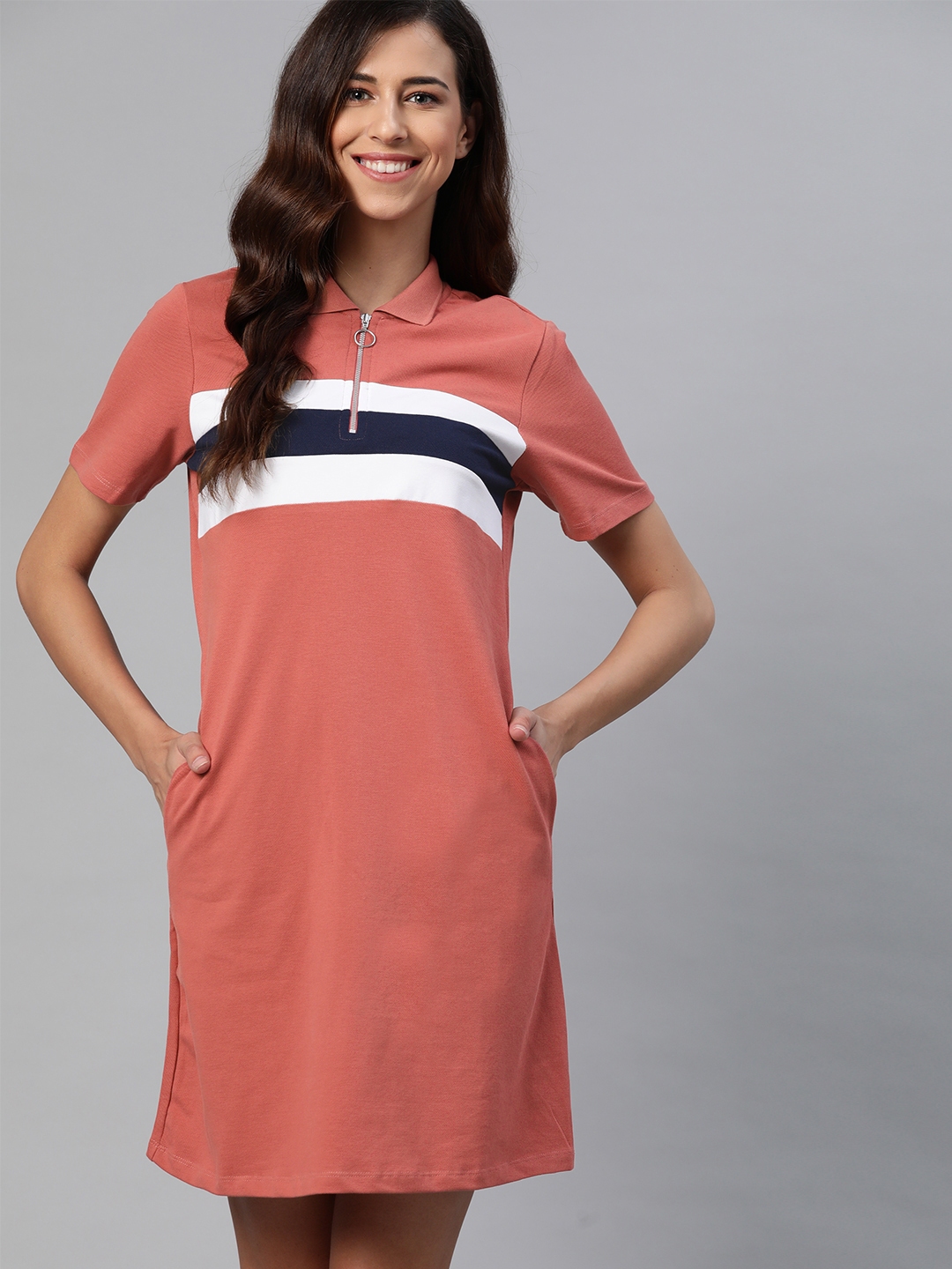 Buy Mast & Harbour Peach Coloured Striped T Shirt Dress