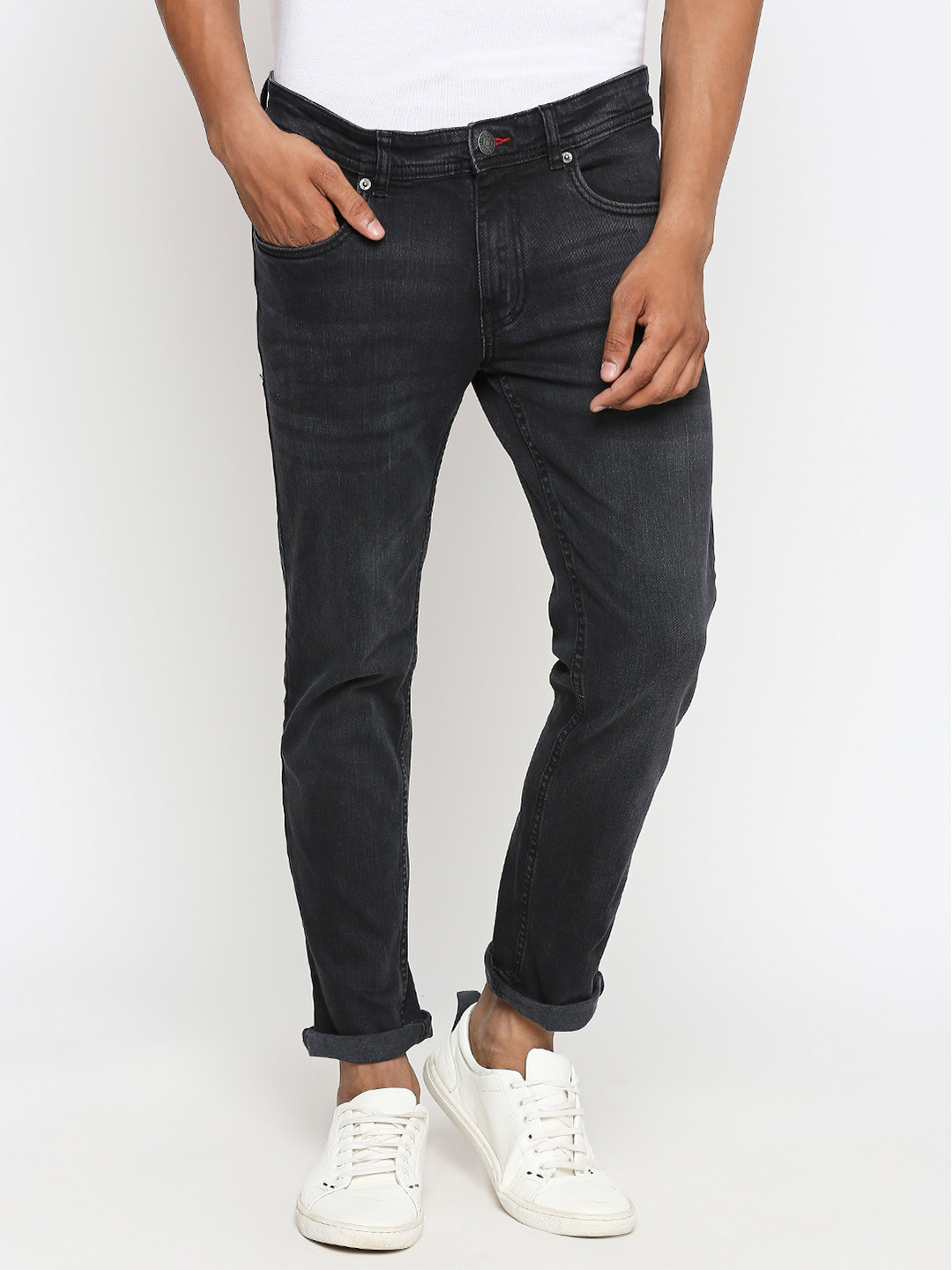 Buy People Men Charcoal Grey Slim Fit Mid Rise Clean Look Stretchable ...