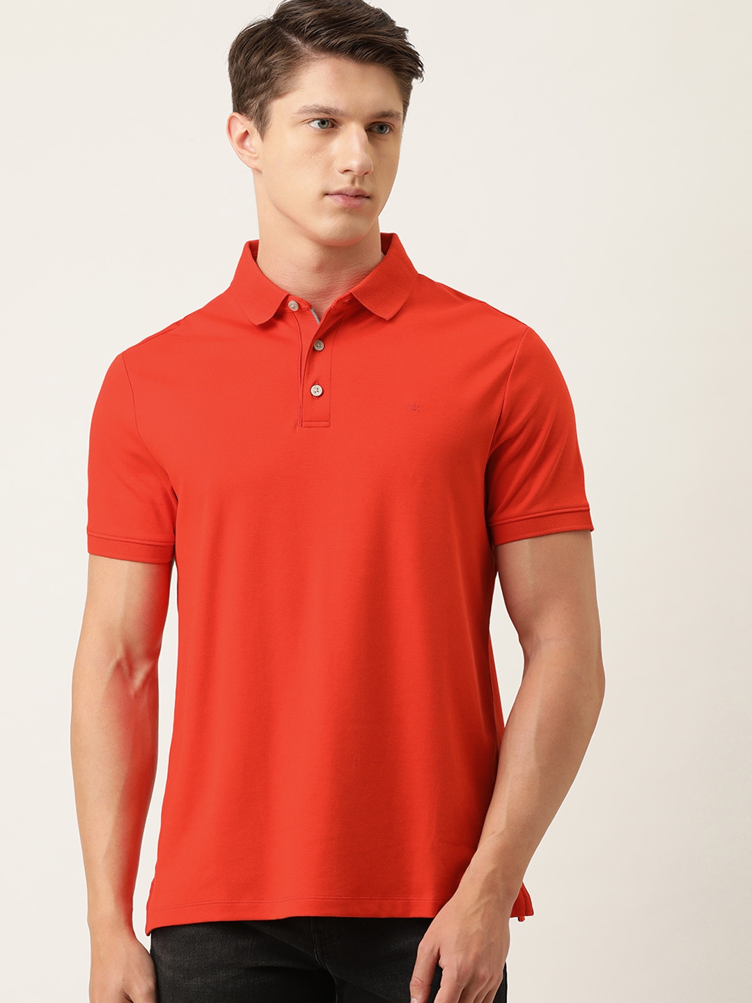 Buy Calvin Klein Jeans Men Red Solid Polo Collar Pure Cotton T Shirt ...
