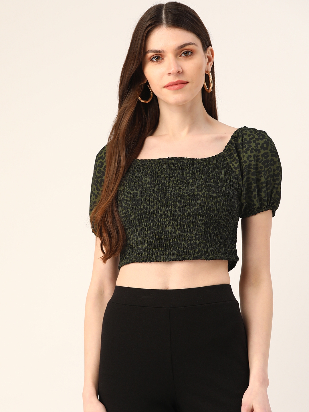 Buy Trend Arrest Women Green & Black Leopard Print Smocked Crop Top ...