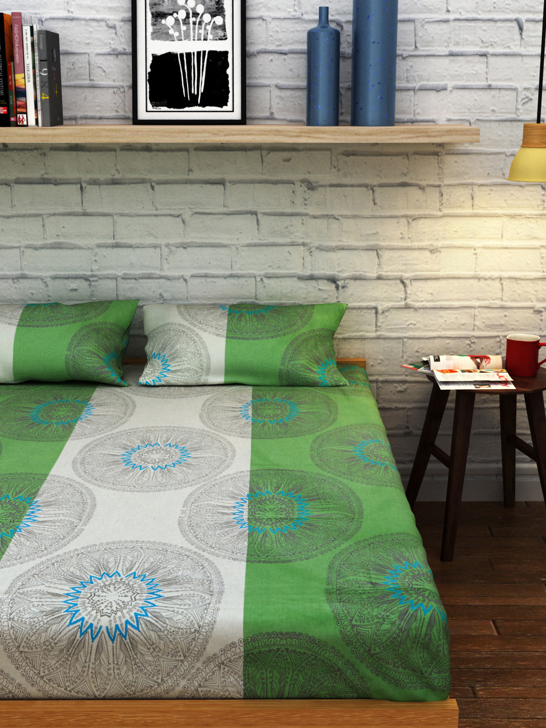 Buy Raymond Home Green Cotton Double Bedsheet With 2 Pillow Covers