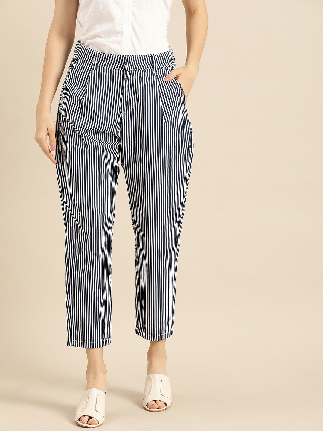 navy blue white striped pants