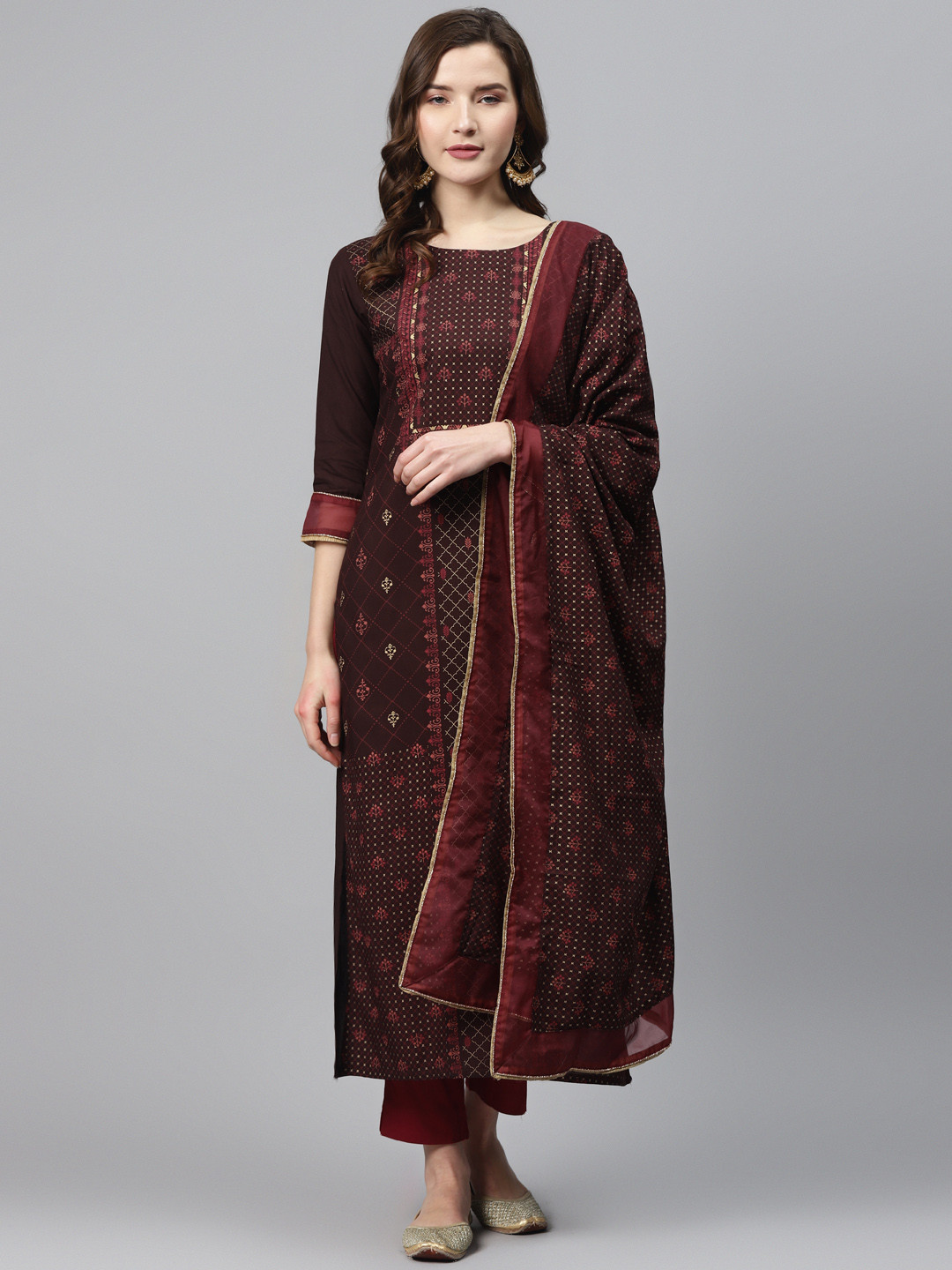 Women Georgette Maroon Foil Print Kurta Split Pant Dupatta