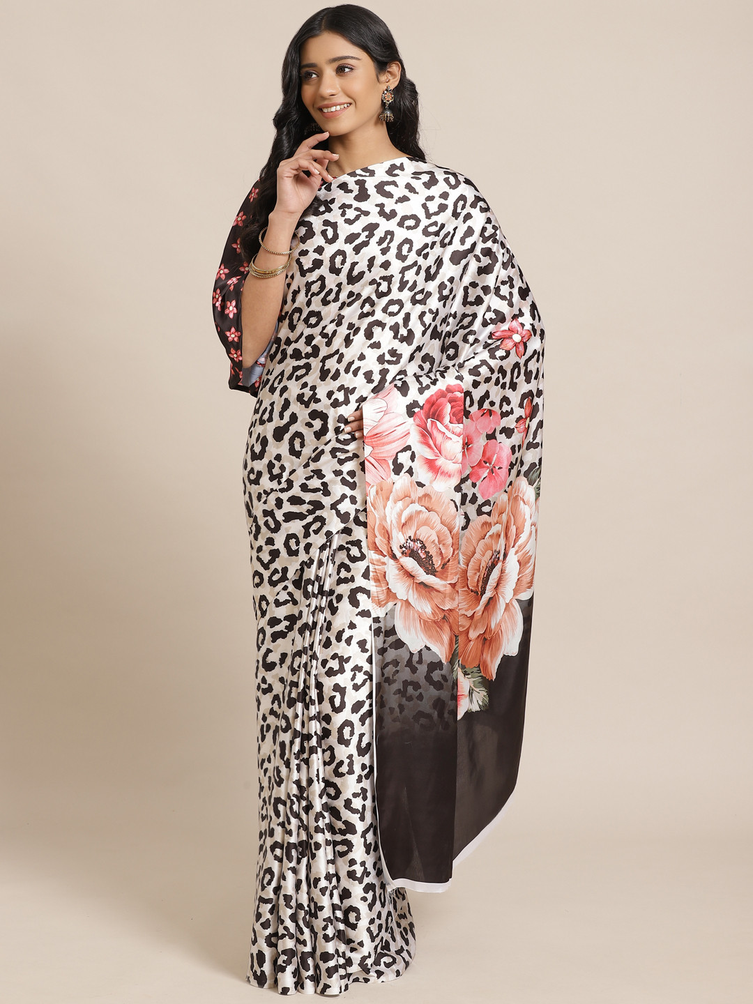 Buy Saree Mall White & Black Animal Printed Saree With Satin Finish
