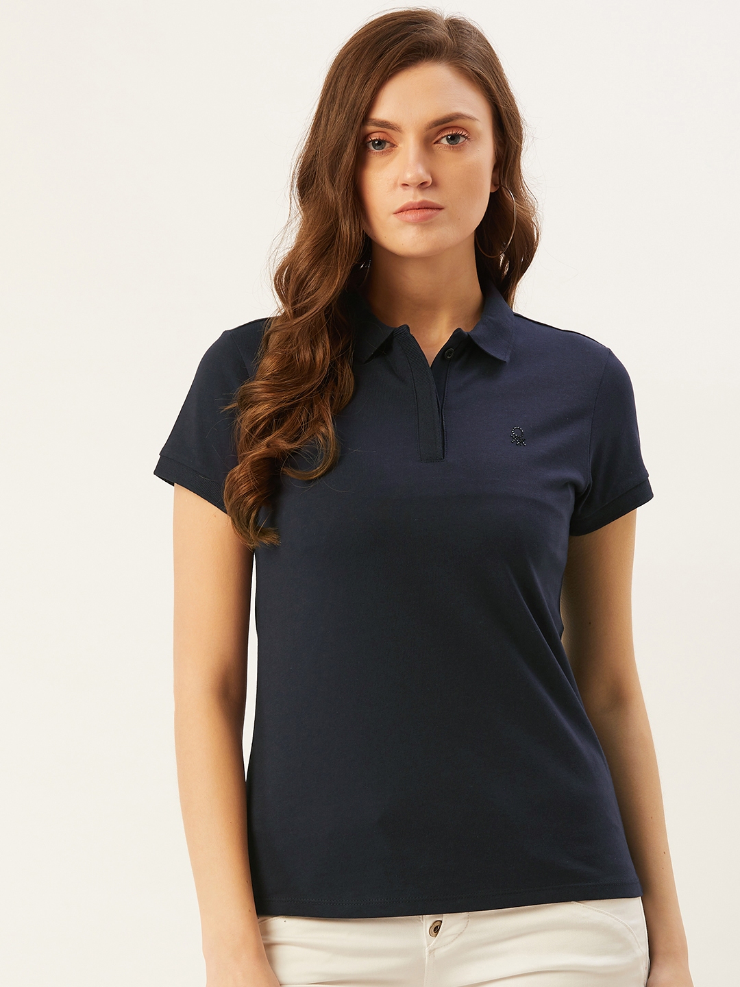 Buy United Colors Of Benetton Women Navy Blue Solid Cotton Polo Collar ...
