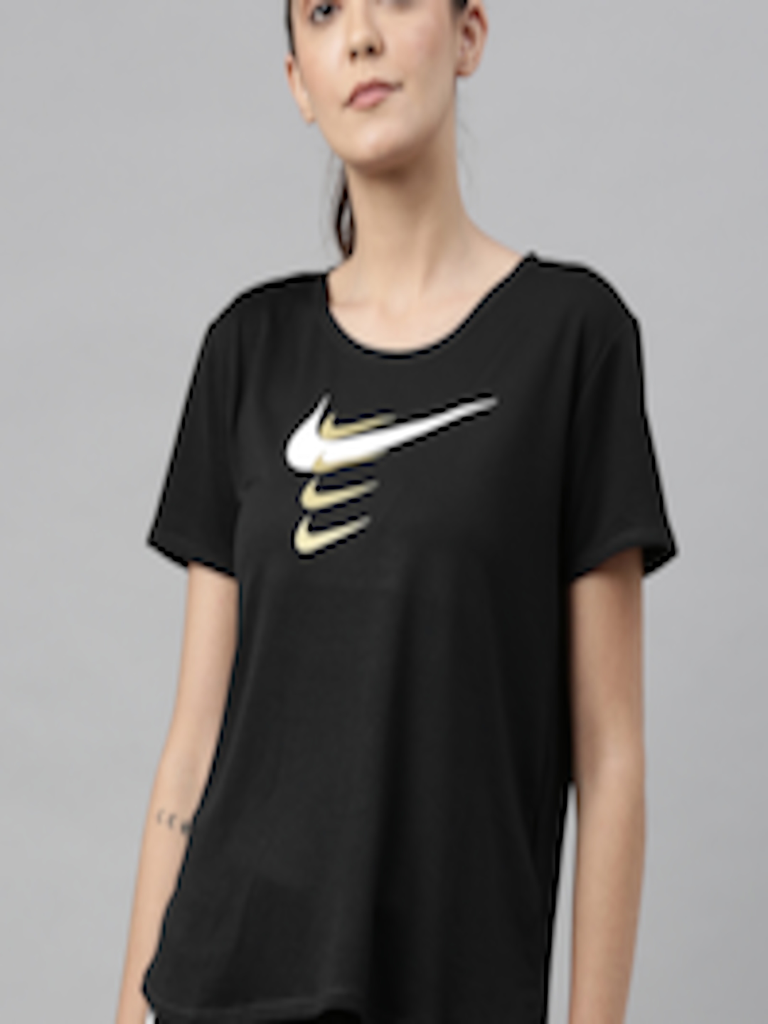 Buy Nike Women Black Printed Round Neck Dri Fit SWOOSH RUN T Shirt ...
