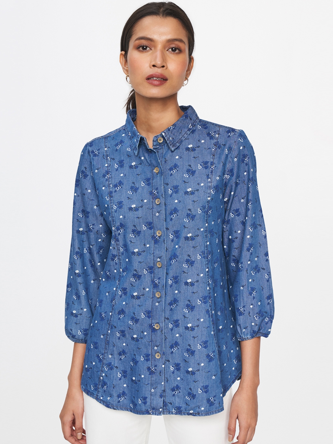 Buy AND Women Blue Floral Printed Casual Shirt - Shirts for Women ...
