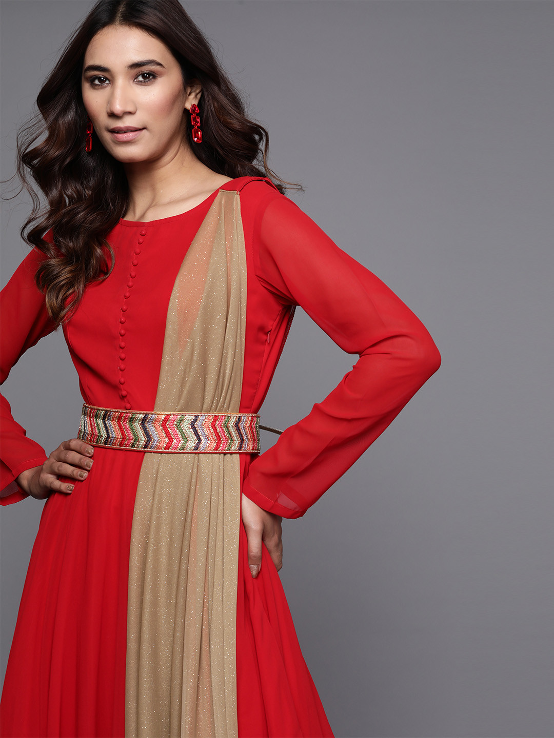 Buy Inddus Women Red Solid Anarkali Kurta With Dupatta & Belt Kurtas