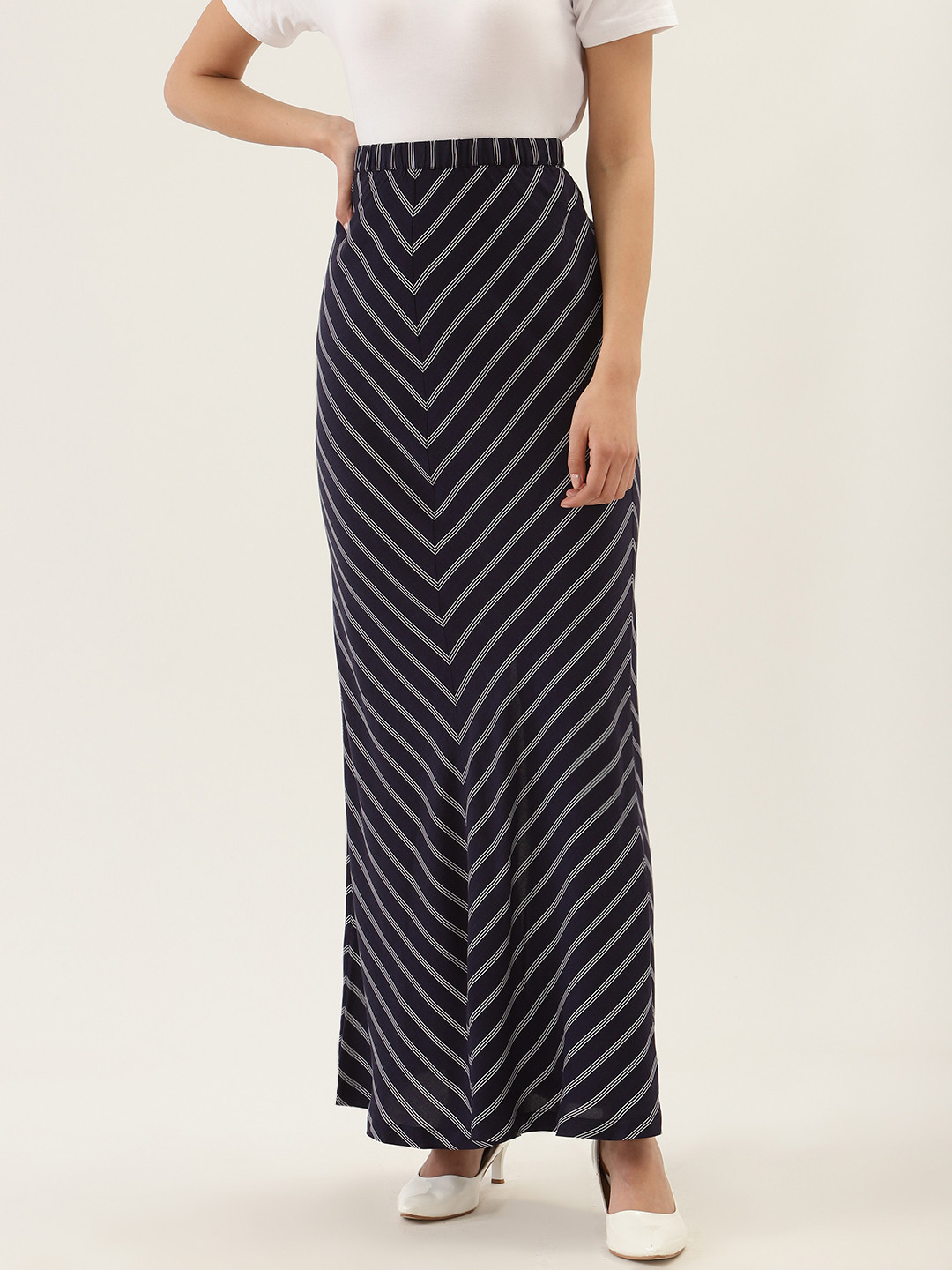 Buy QUIERO Women Navy Blue & White Striped Maxi A Line Skirt Skirts