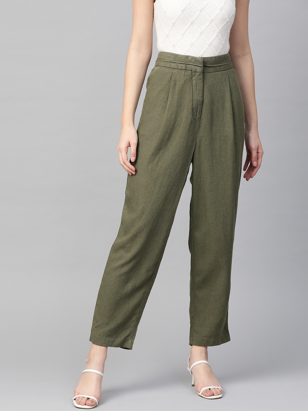 Buy Marks & Spencer Women Olive Green Trousers - Trousers for Women ...