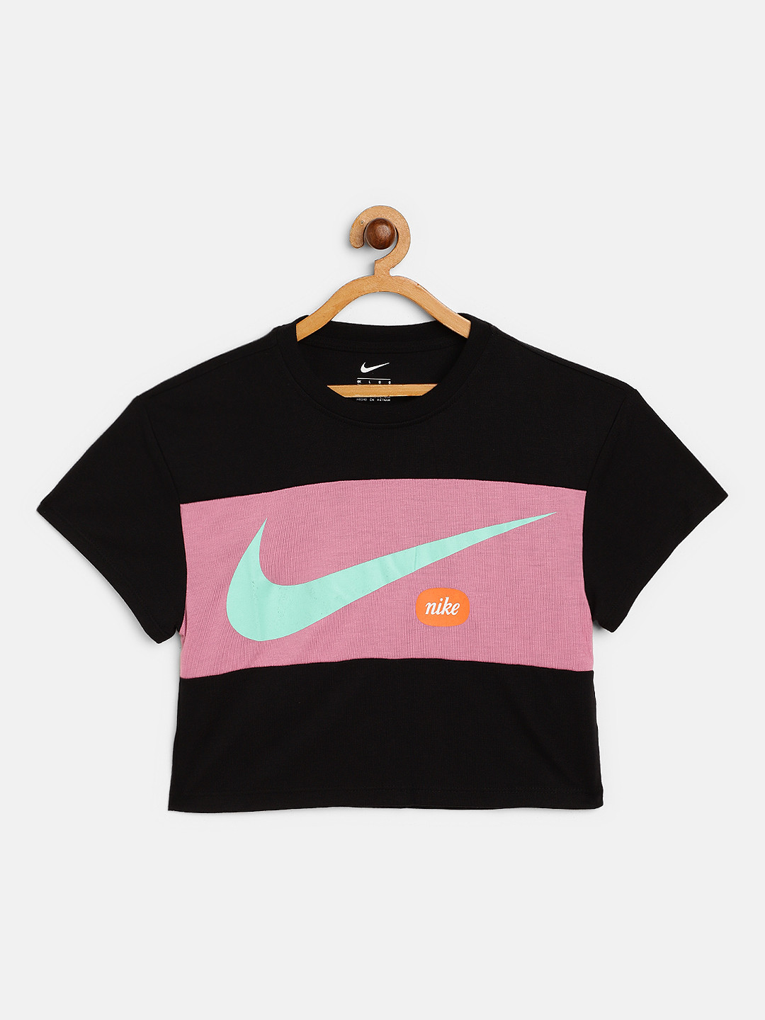 Buy Nike Girls Black & Pink Swoosh Logo Print Round Neck Boxy T Shirt - Tshirts for Girls 