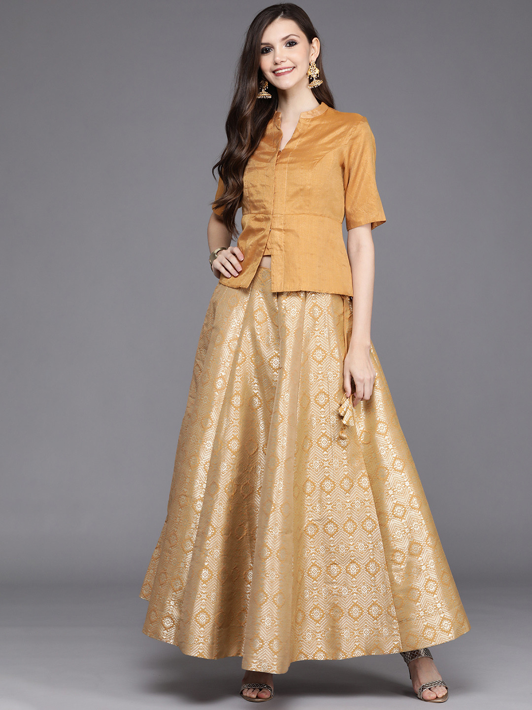 Buy Biba Women Beige & Golden Solid Kurti With Woven Design Skirt